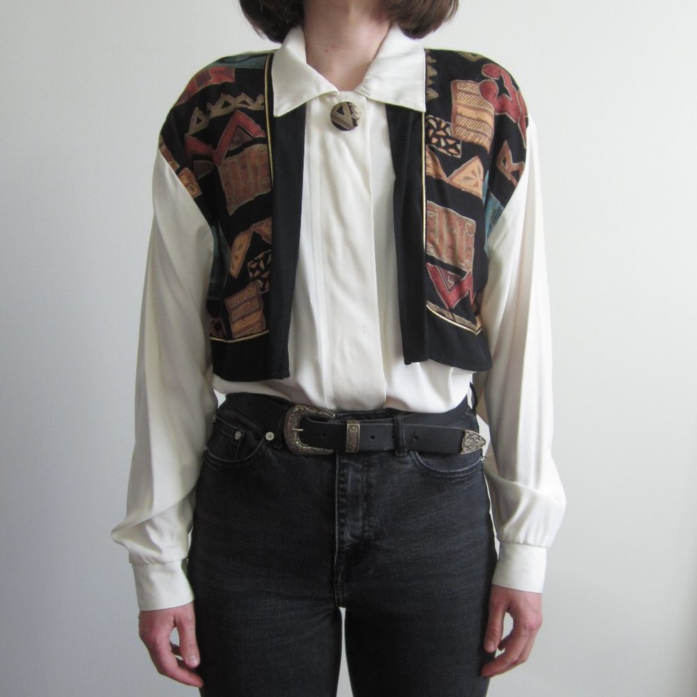 Vintage 80s blouse, attached black colourful vest